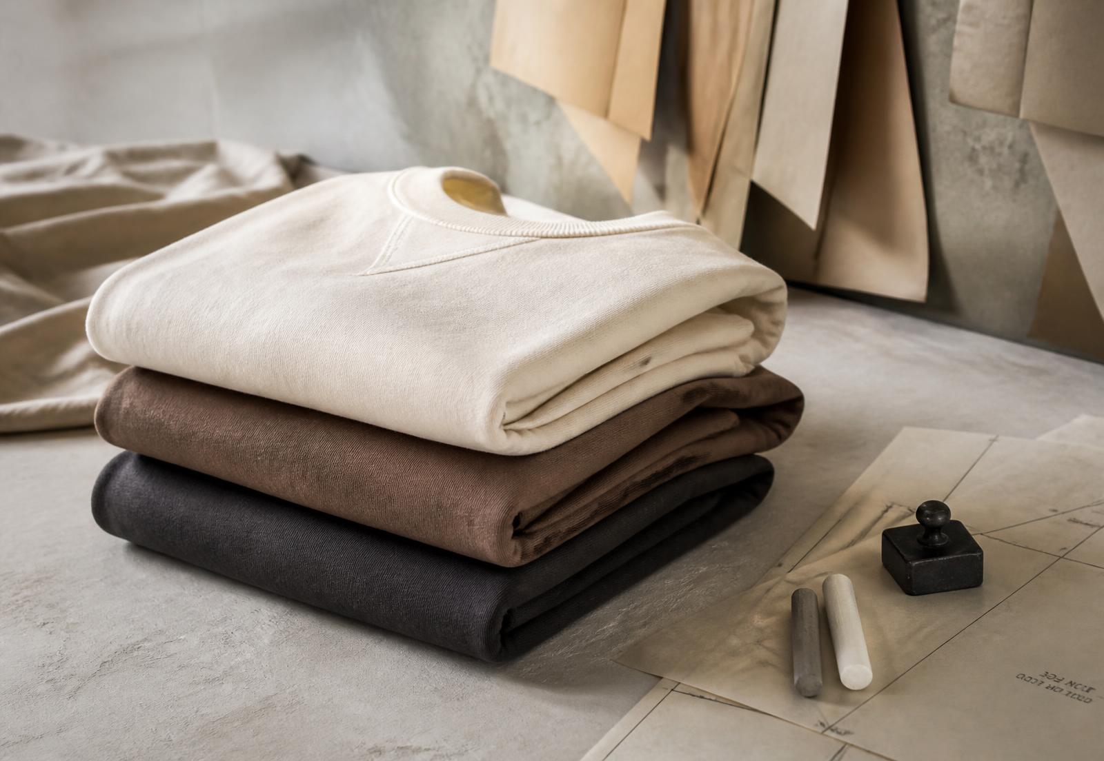 Folded premium cotton garments beside pattern paper in a European atelier